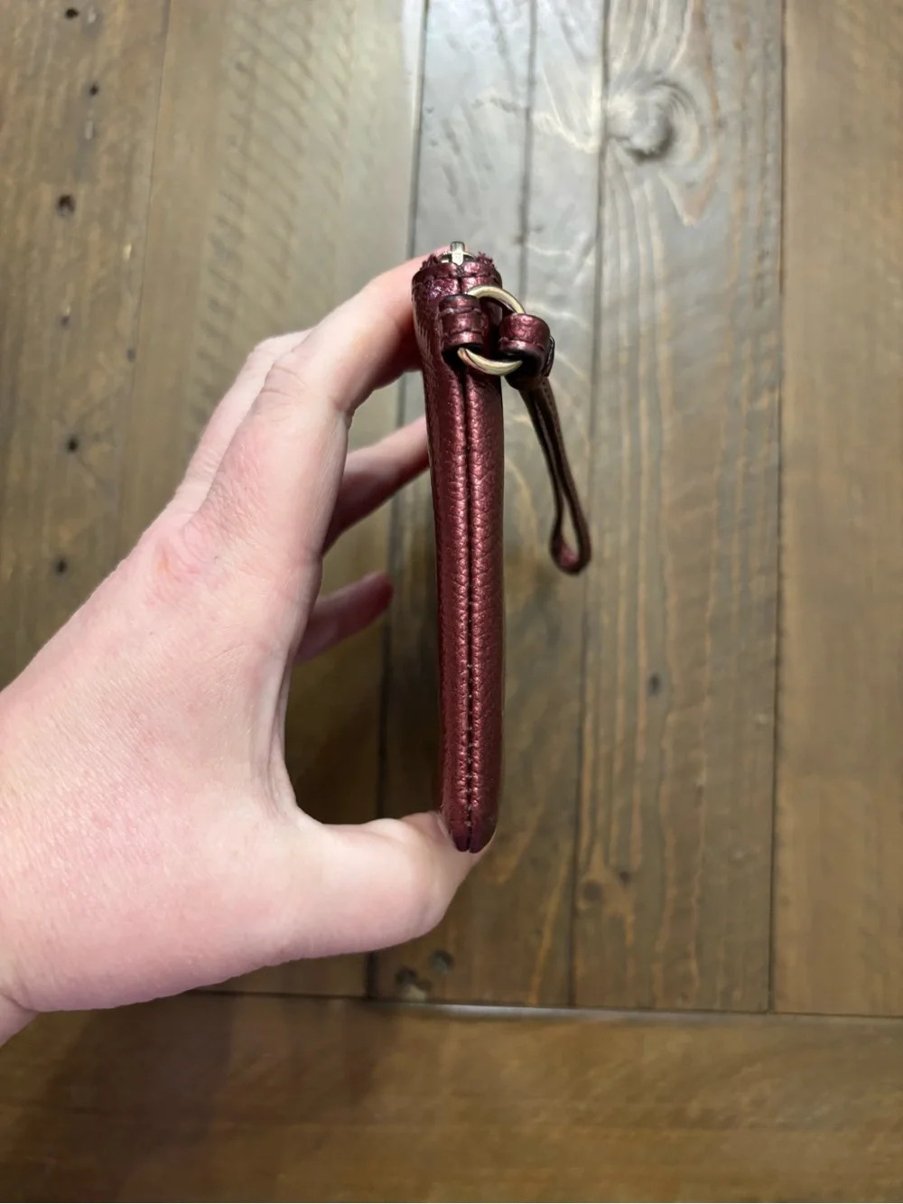 Coach Pebbled Leather Wristlet in Metallic Burgundy
